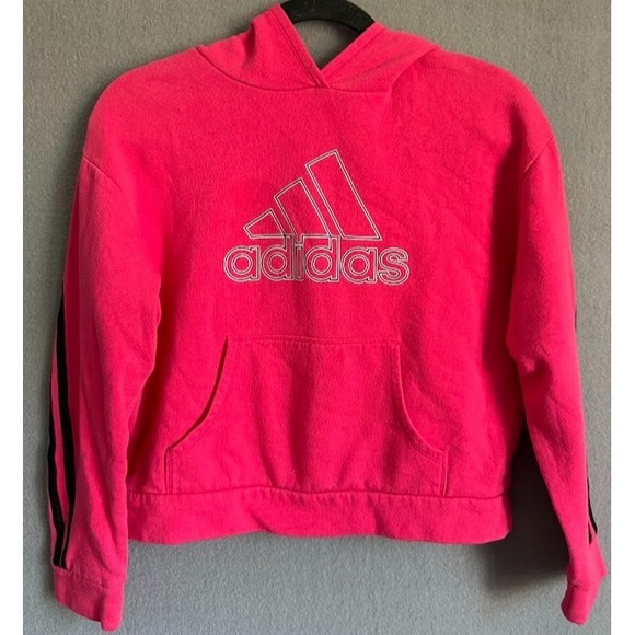 Adidas Youth Girls Crooped Hoodie M (10/12) Pink Logo 3 Stripe Pullover Pockets - Picture 1 of 14